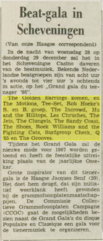 The Golden Earrings show announcement December 19, 1966 Scheveningen - Grand Gala du Teenager'66